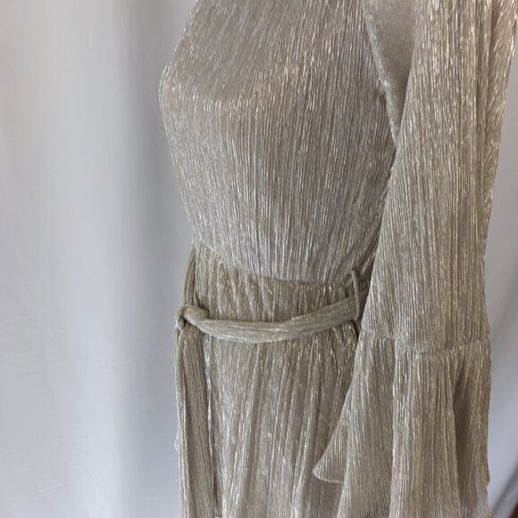 Lush Metallic Gold Romper, Flounce Sleeves, Tie Waist, Off the Shoulder, Size S - Picture 7 of 12